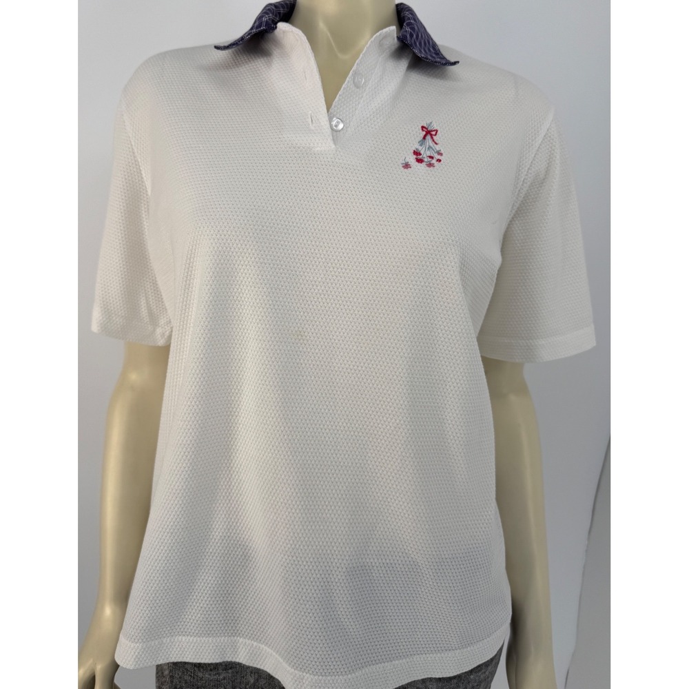 Company Collection White Pointelle Knit Polo Floral Embroidery Check Collar L
